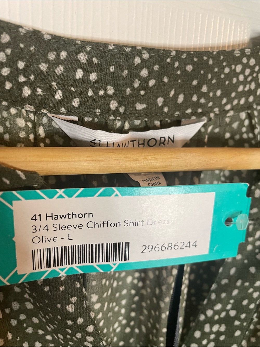 41 Hawthorn Olive Green chiffon Midi Dress with White Dot Print Size Large new - Picture 2 of 9